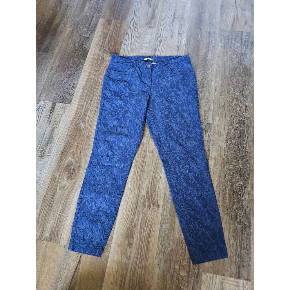 Dalia Collection Blue Floral Jacquard Slim Leg Pants Womens Size 12 Textured